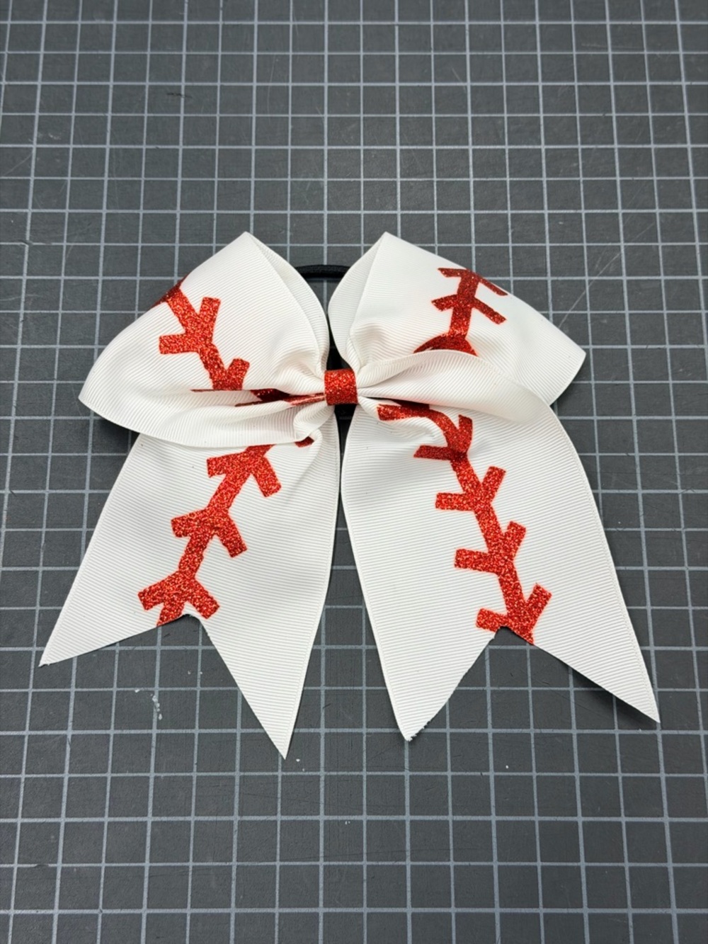 White Cheer Baseball Bow with Red Glitter Stitch Detail